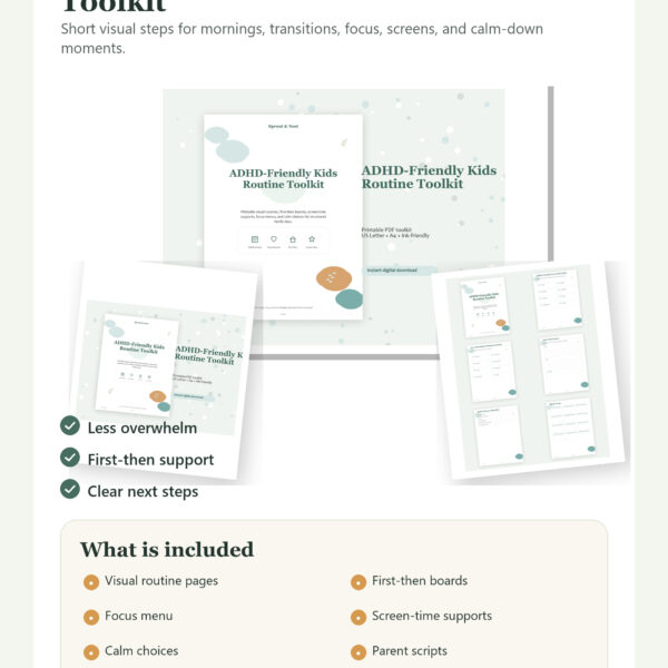 ADHD-Friendly Kids Routine Toolkit product overview showing included printable PDF pages and benefits