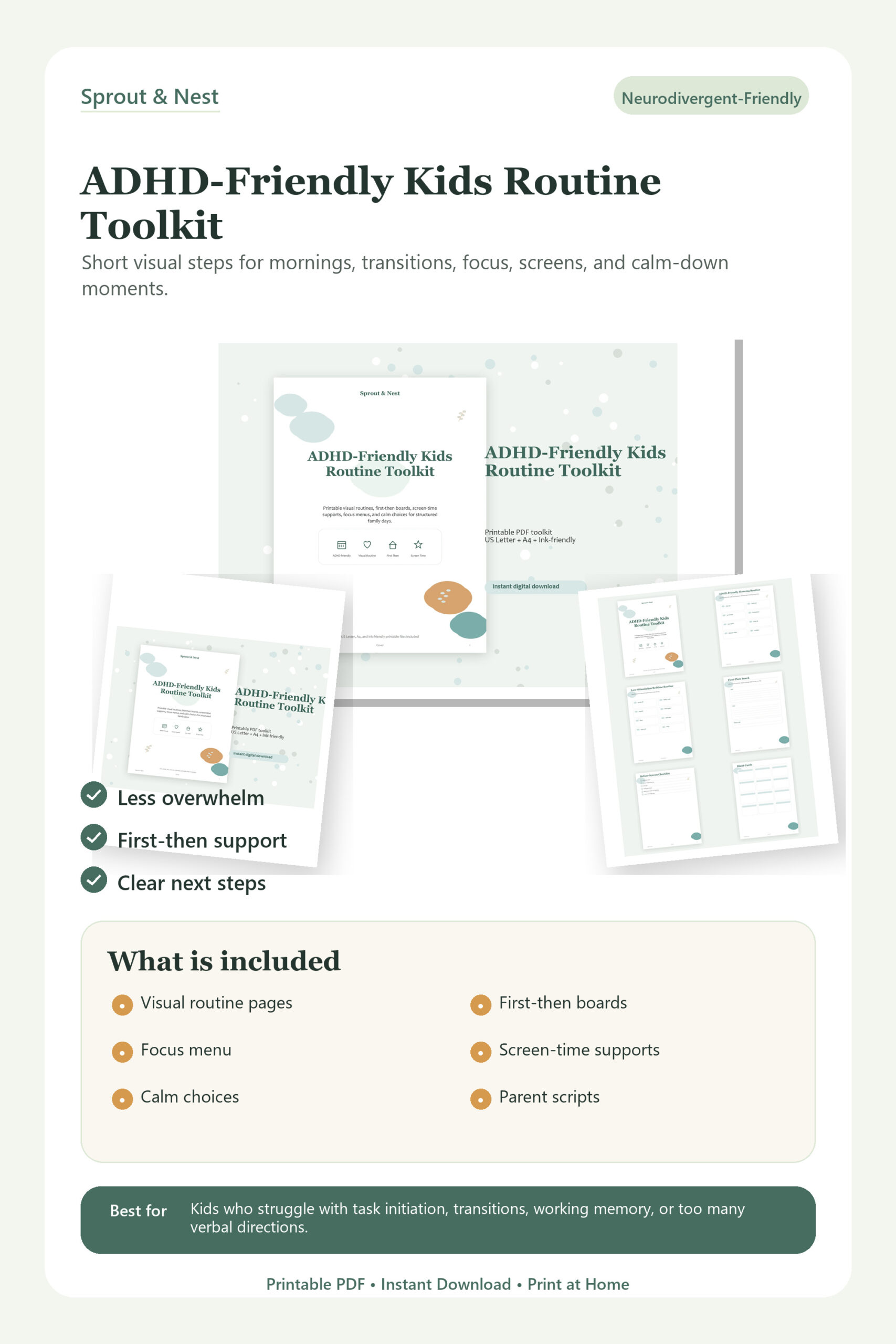 ADHD-Friendly Kids Routine Toolkit product overview showing included printable PDF pages and benefits