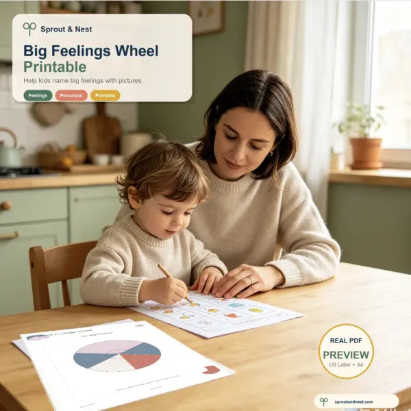 Big Feelings Wheel Printable real PDF preview in a home learning scene with a parent and child