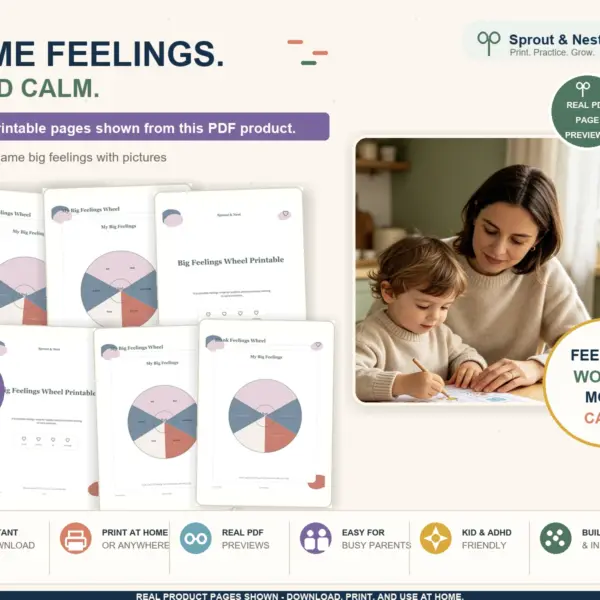 Big Feelings Wheel Printable real PDF product overview showing actual printable pages and benefits