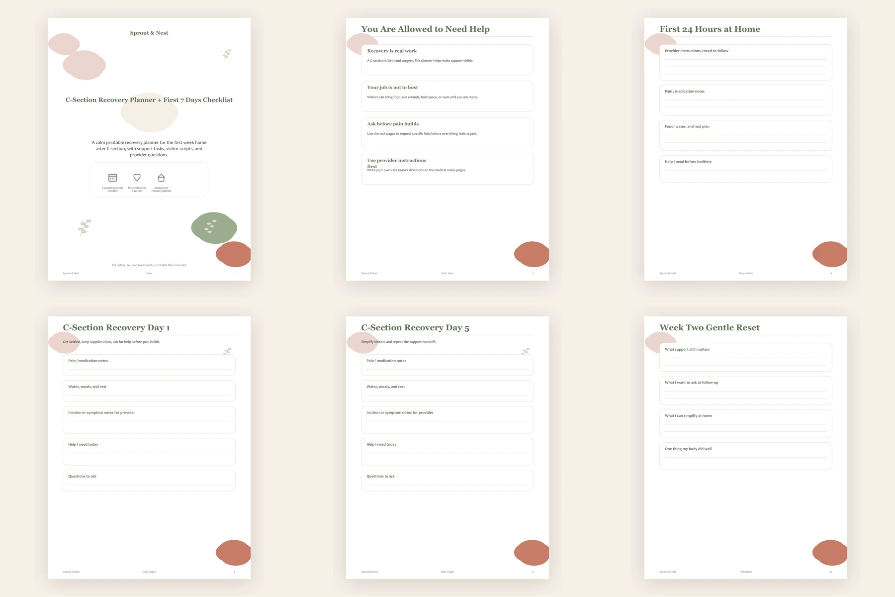 C-Section Recovery Planner + First 7 Days Checklist bundle overview 1800x1200