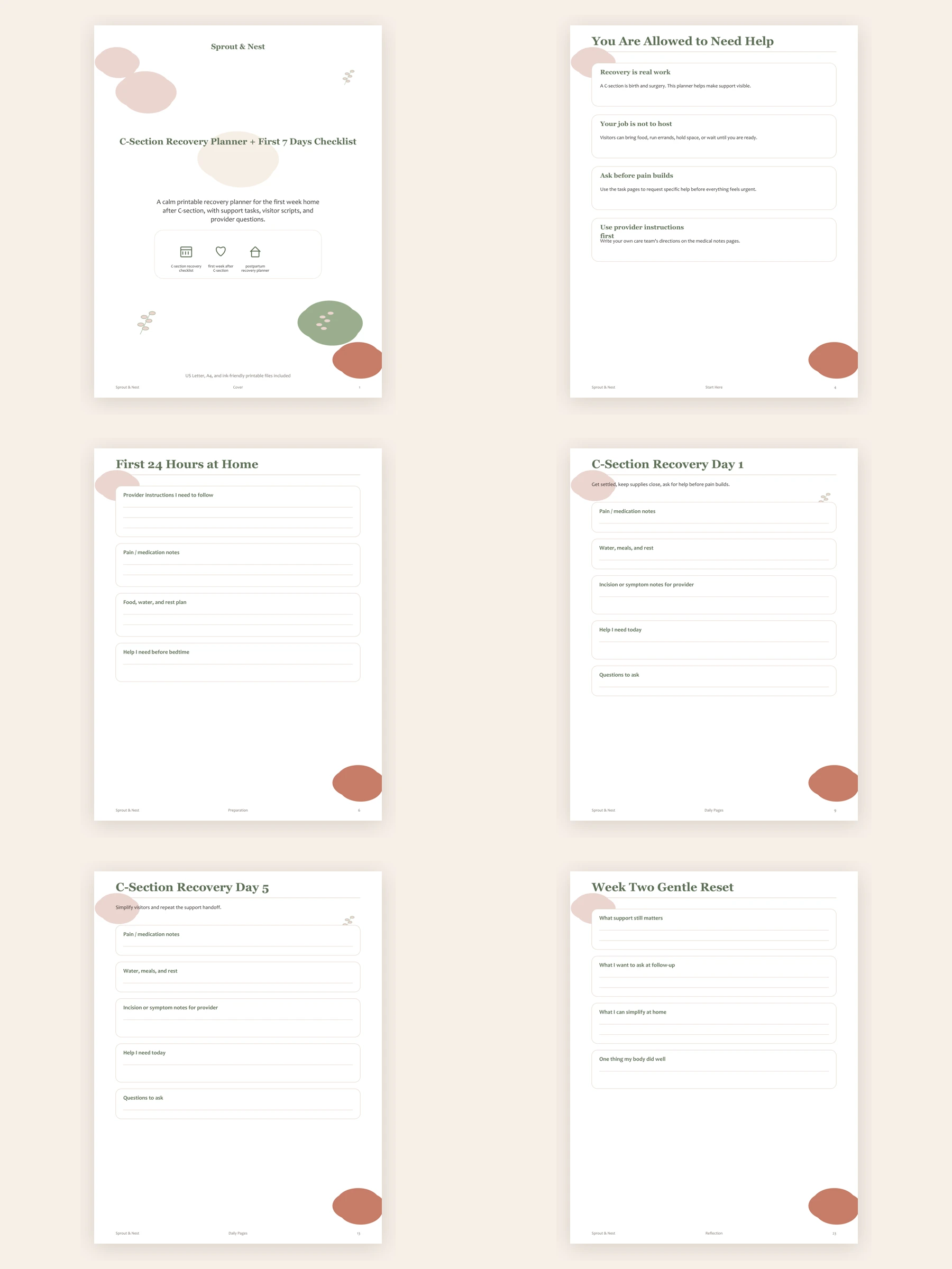 C-Section Recovery Planner + First 7 Days Checklist inside pages 1800x2400