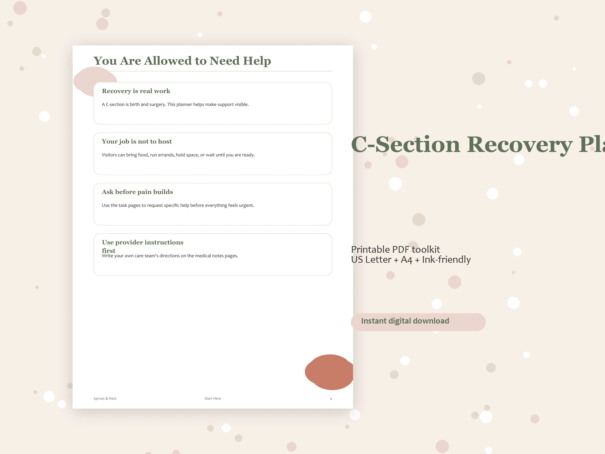 C-Section Recovery Planner + First 7 Days Checklist worksheet mockup 2000x1500