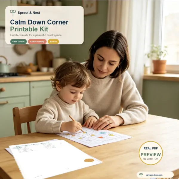 Calm Down Corner Printable Kit real PDF preview in a home learning scene with a parent and child