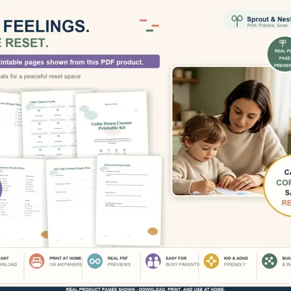 Calm Down Corner Printable Kit real PDF product overview showing actual printable pages and benefits