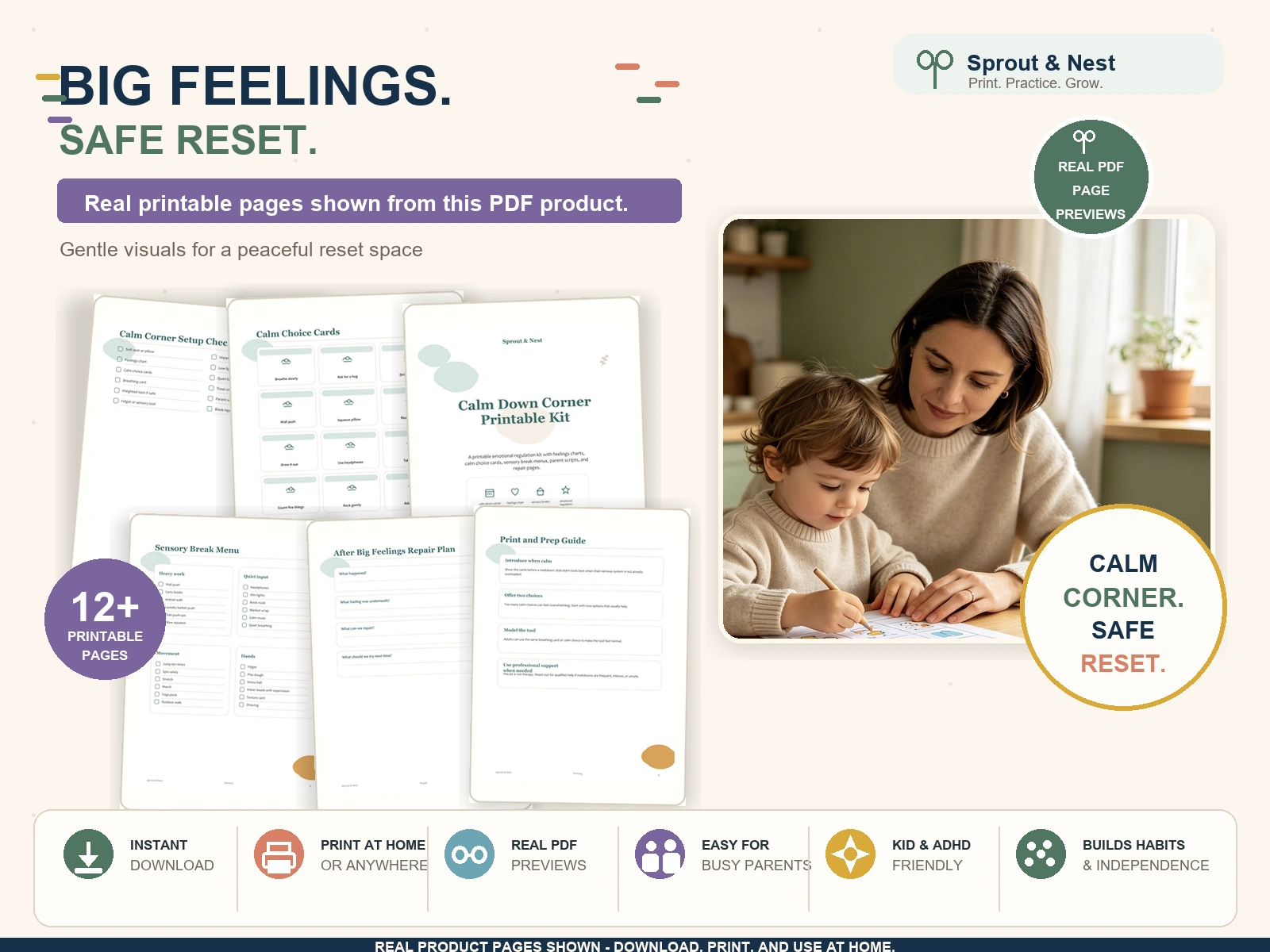 Calm Down Corner Printable Kit real PDF product overview showing actual printable pages and benefits