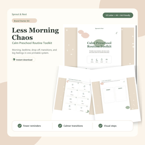 Calm Preschool Routine Toolkit printable PDF pages for less morning chaos and calmer preschool routines
