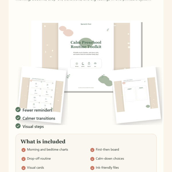 Calm Preschool Routine Toolkit product overview showing included printable PDF pages and benefits