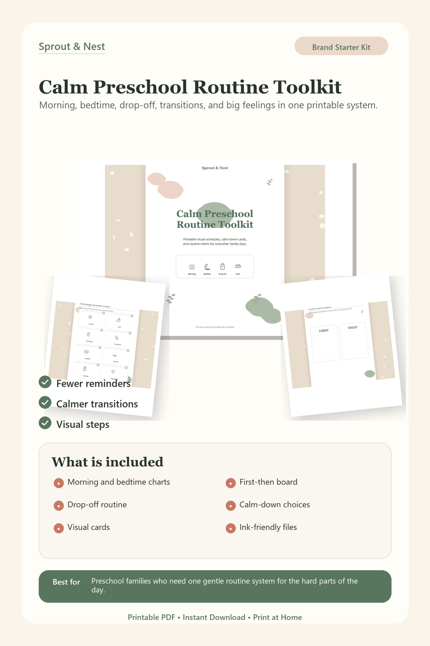 Calm Preschool Routine Toolkit product overview showing included printable PDF pages and benefits