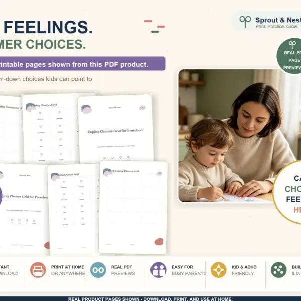 Coping Choices Grid for Preschool real PDF product overview showing actual printable pages and benefits