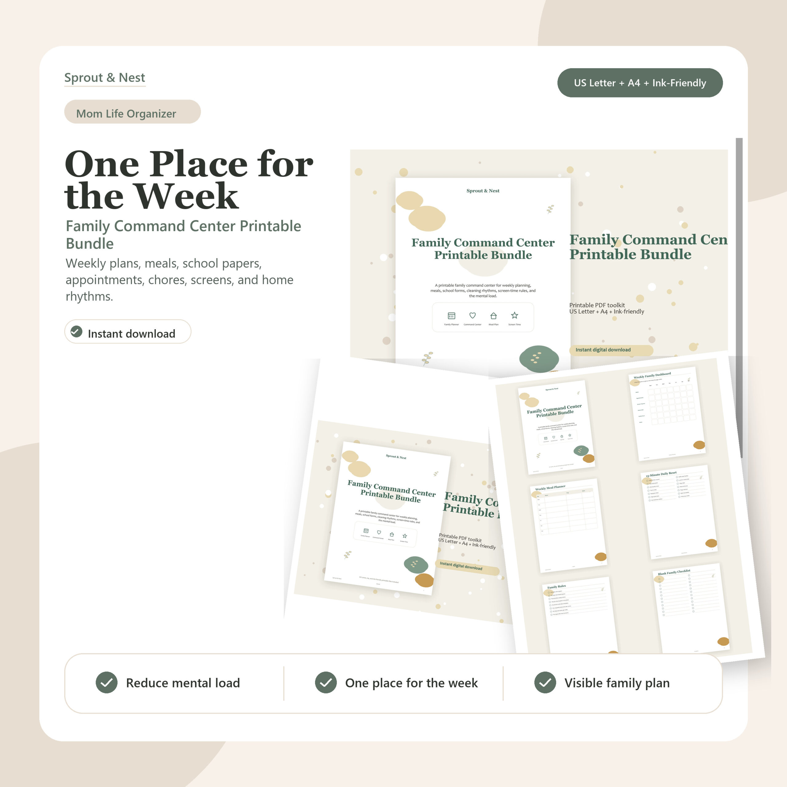 Family Command Center Printable Bundle weekly planner and mom life organization PDF pages