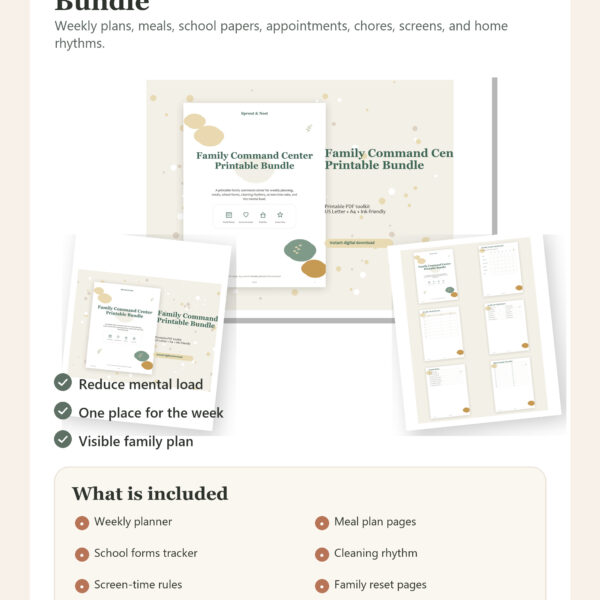 Family Command Center Printable Bundle product overview showing included printable PDF pages and benefits