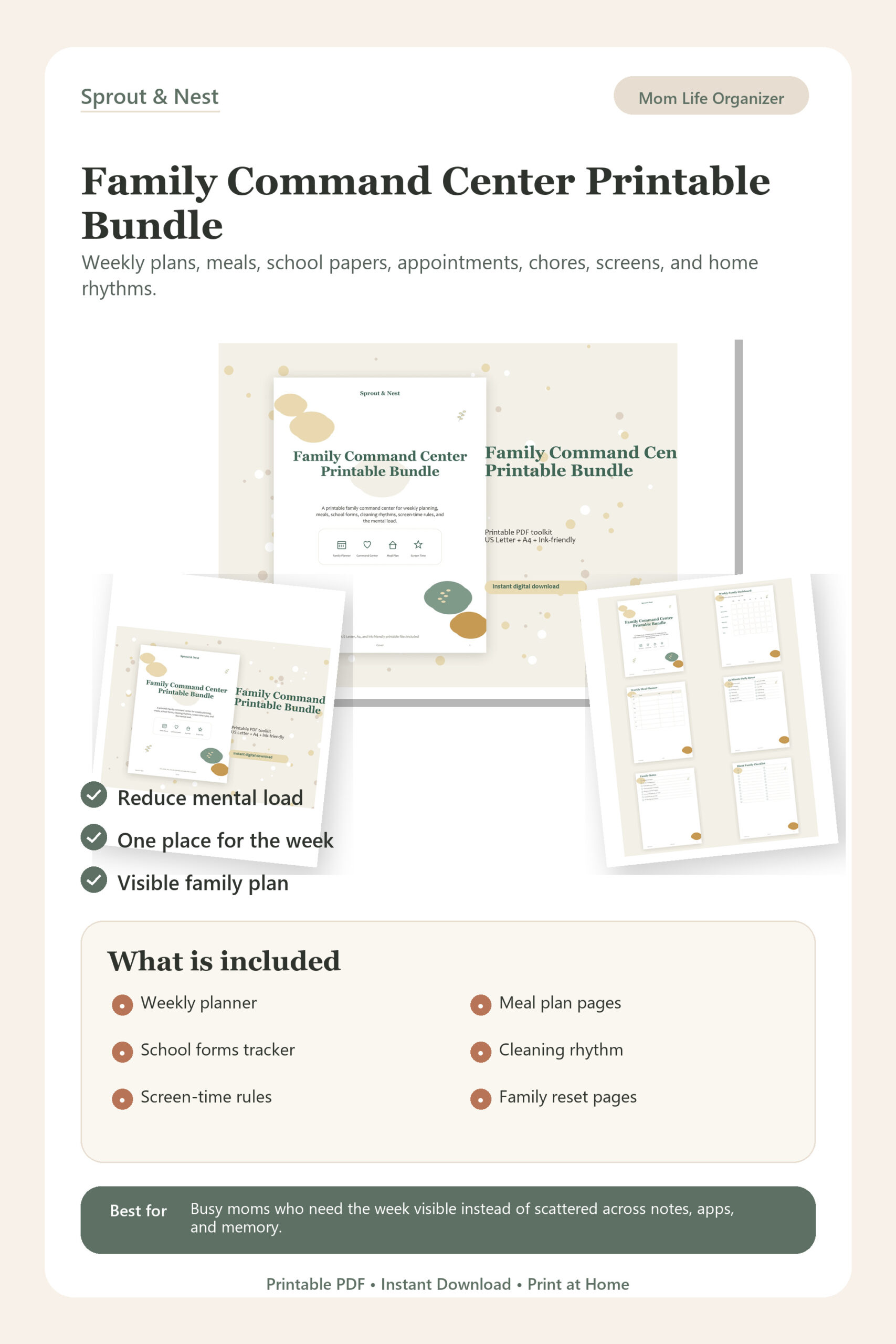 Family Command Center Printable Bundle product overview showing included printable PDF pages and benefits