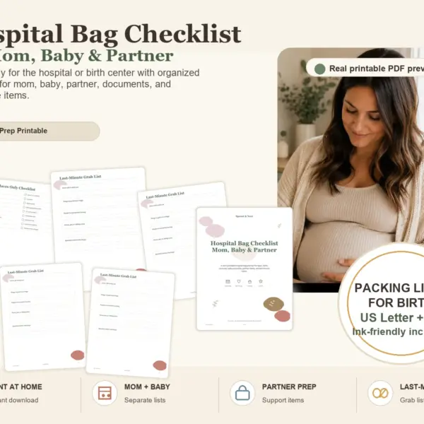 Hospital Bag Checklist for Mom, Baby & Partner product information image with real PDF page previews