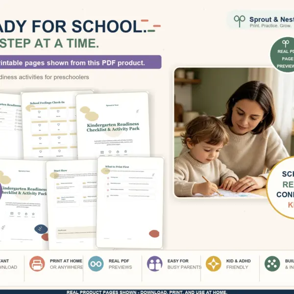 Kindergarten Readiness Pack real PDF product details image Kindergarten Readiness Pack real PDF product overview showing actual printable pages and benefits