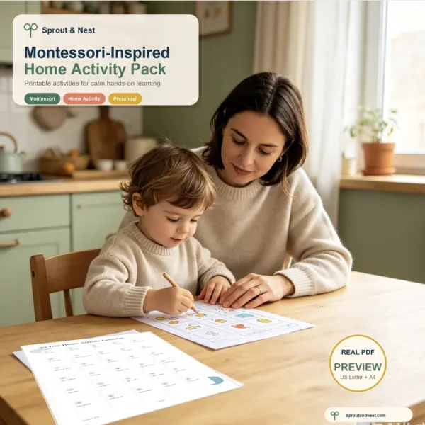 Montessori-Inspired Home Activity Pack real PDF preview in a home learning scene with a parent and child