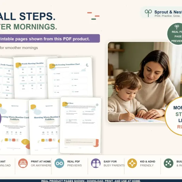 Morning Micro-Routine Cards real PDF product details image Morning Micro-Routine Cards real PDF product overview showing actual printable pages and benefits