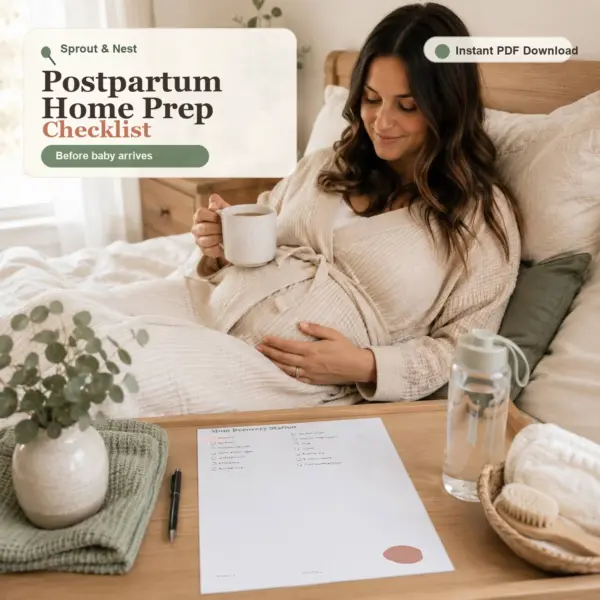 Postpartum Home Prep Checklist printable PDF shown in a calm postpartum recovery bedroom scene