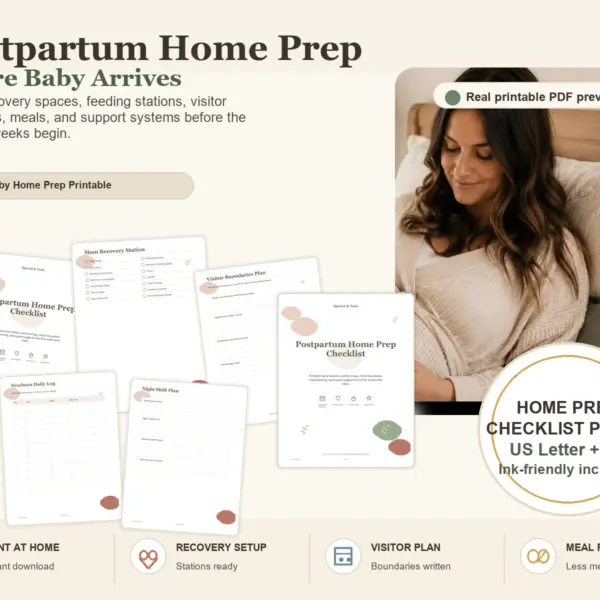 Postpartum Home Prep Checklist product information image with real PDF page previews