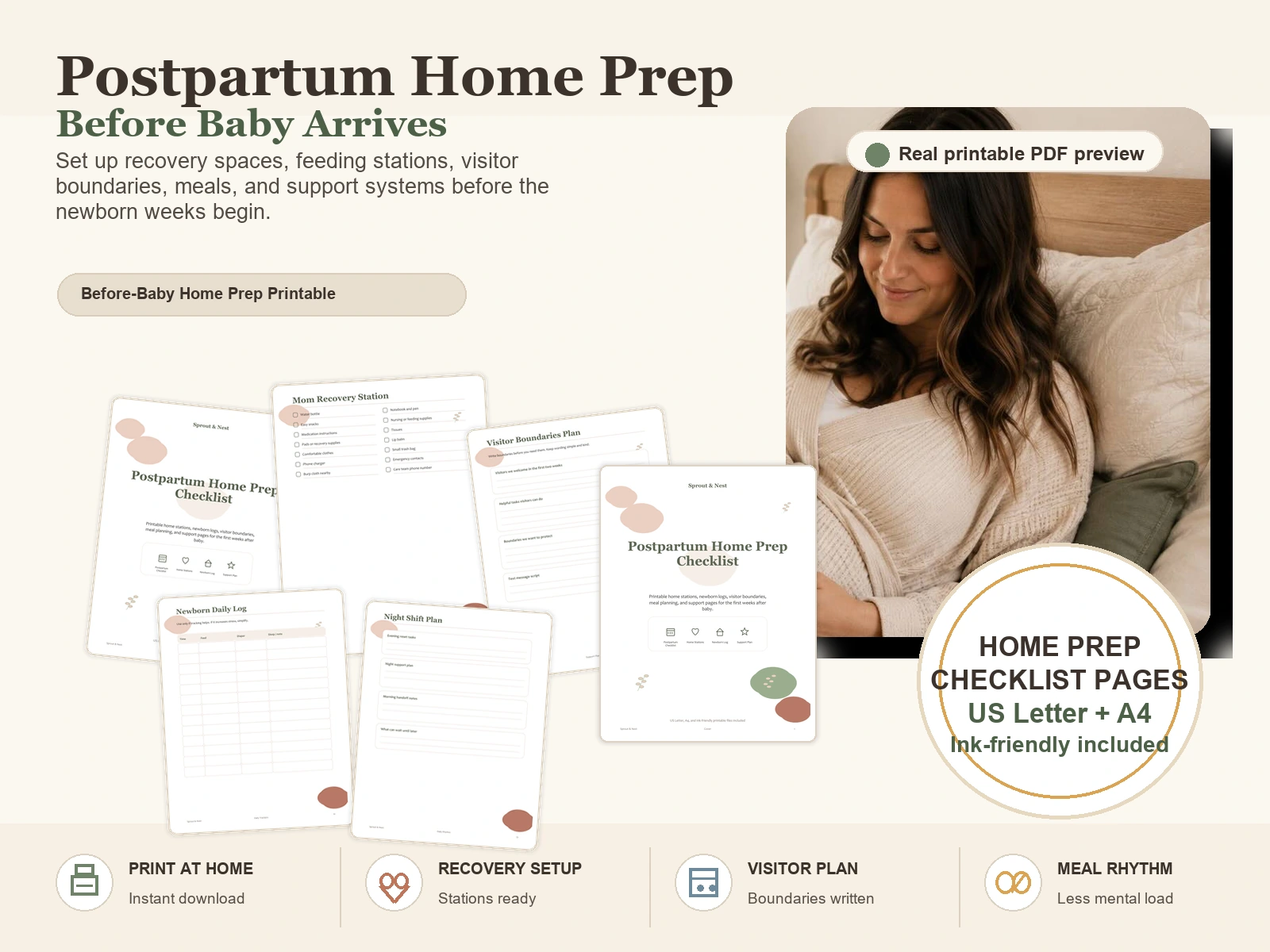 Postpartum Home Prep Checklist product information image with real PDF page previews