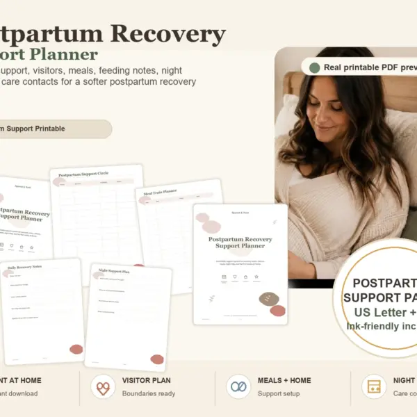 Postpartum Recovery Support Planner product information image with real PDF page previews