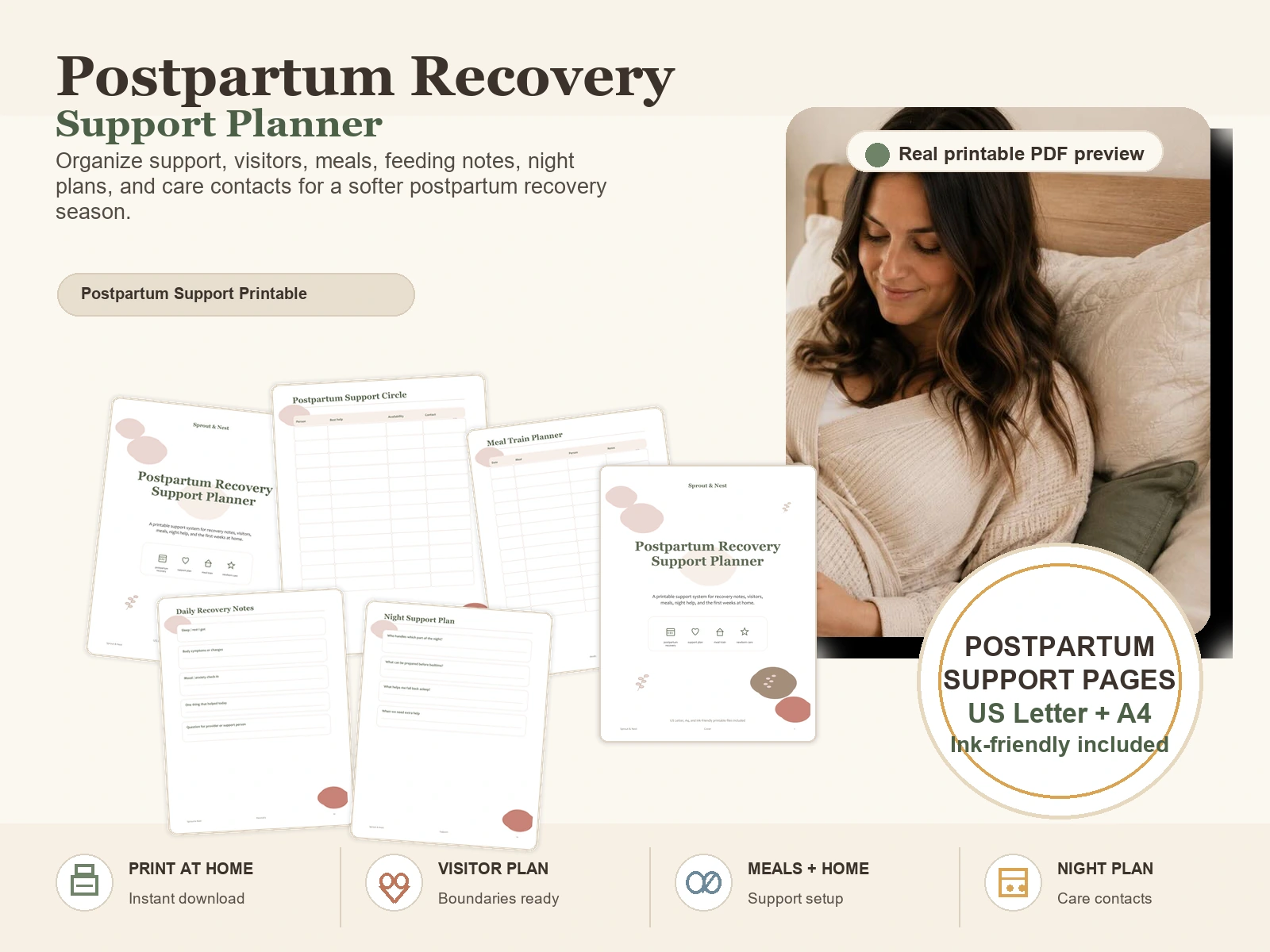 Postpartum Recovery Support Planner product information image with real PDF page previews