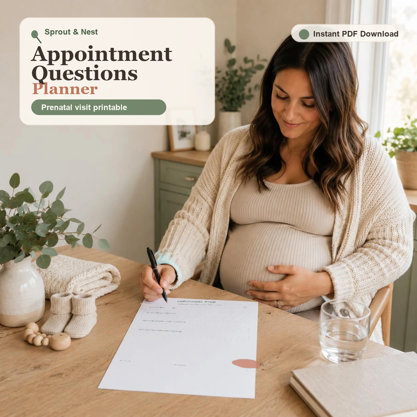 Pregnancy Appointment Questions Planner printable PDF shown on a real home planning scene
