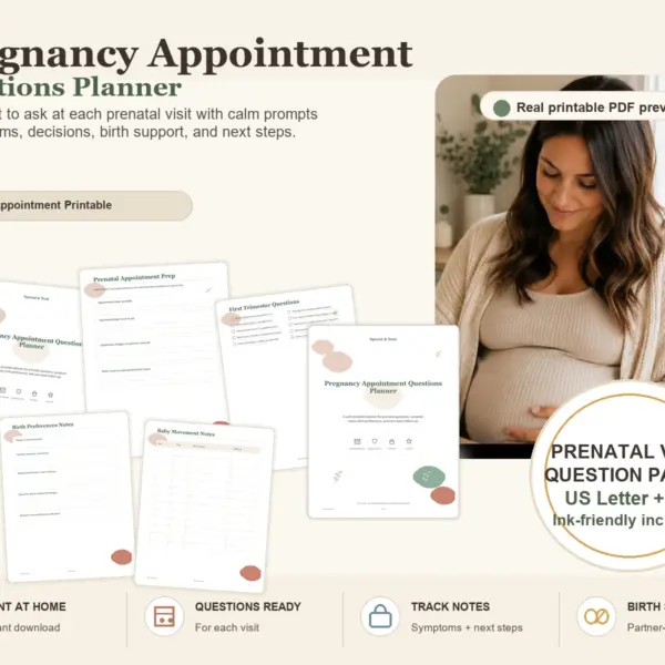 Pregnancy Appointment Questions Planner product information image with real PDF page previews