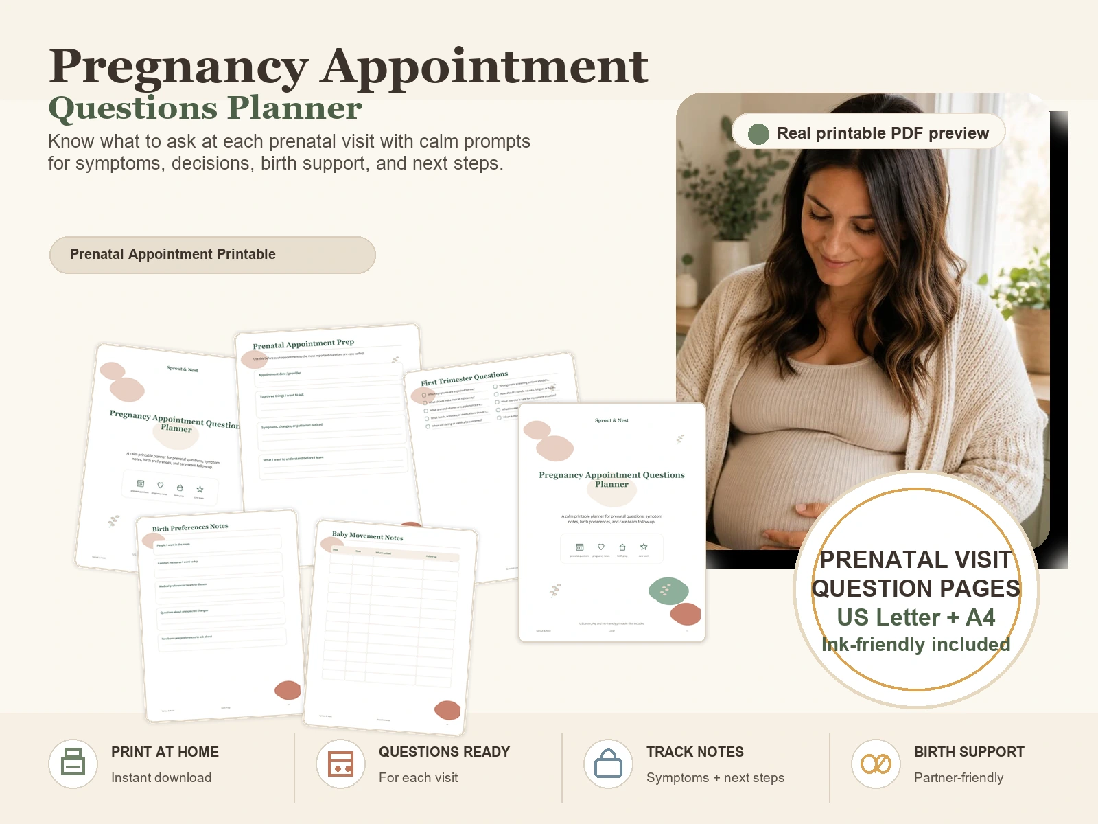 Pregnancy Appointment Questions Planner product information image with real PDF page previews