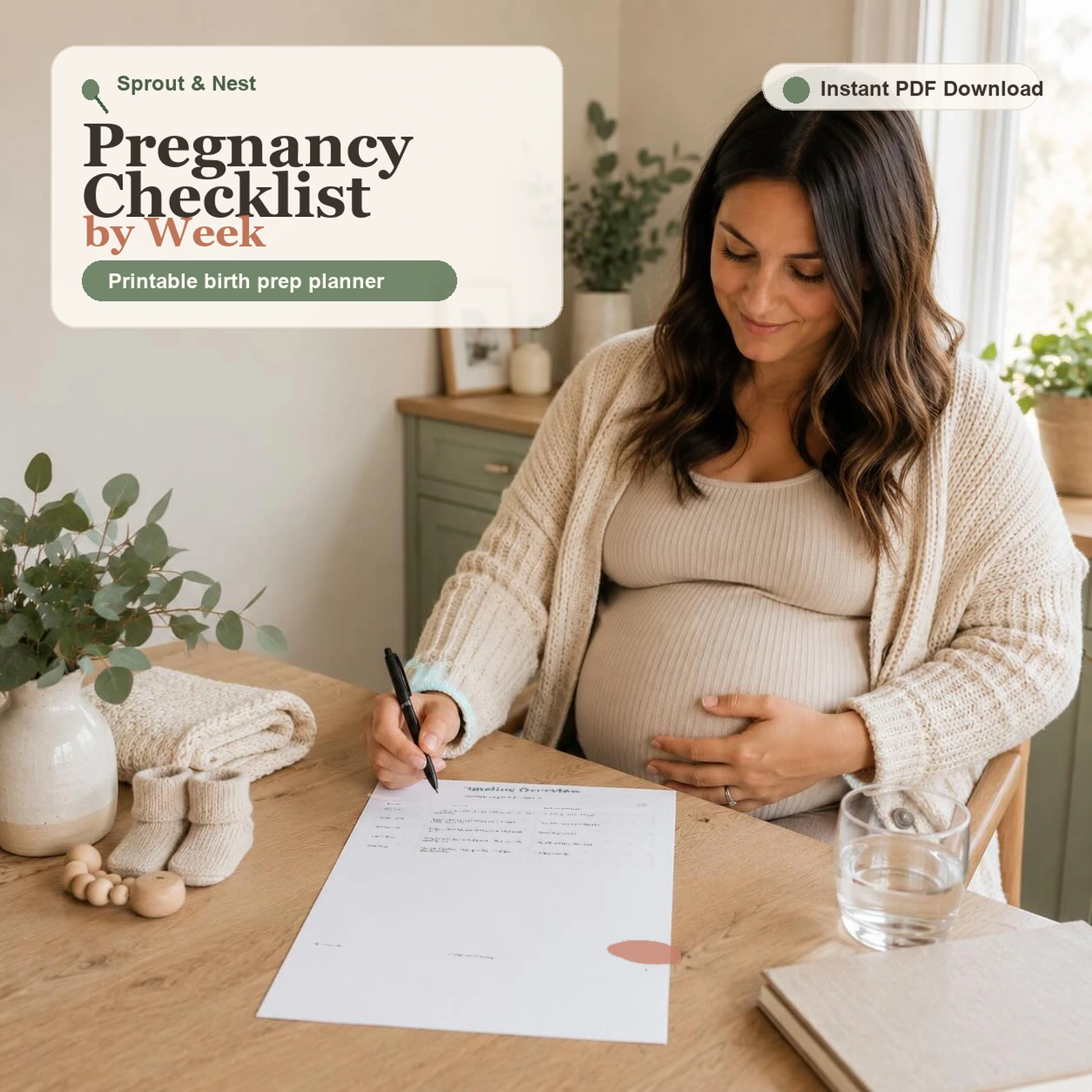 Pregnancy Checklist by Week Printable Planner printable PDF shown on a real home planning scene