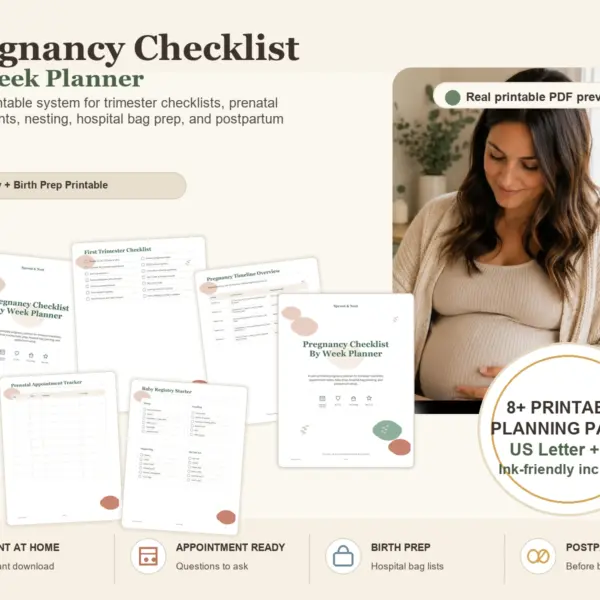 Pregnancy Checklist by Week Printable Planner product information image with real PDF page previews