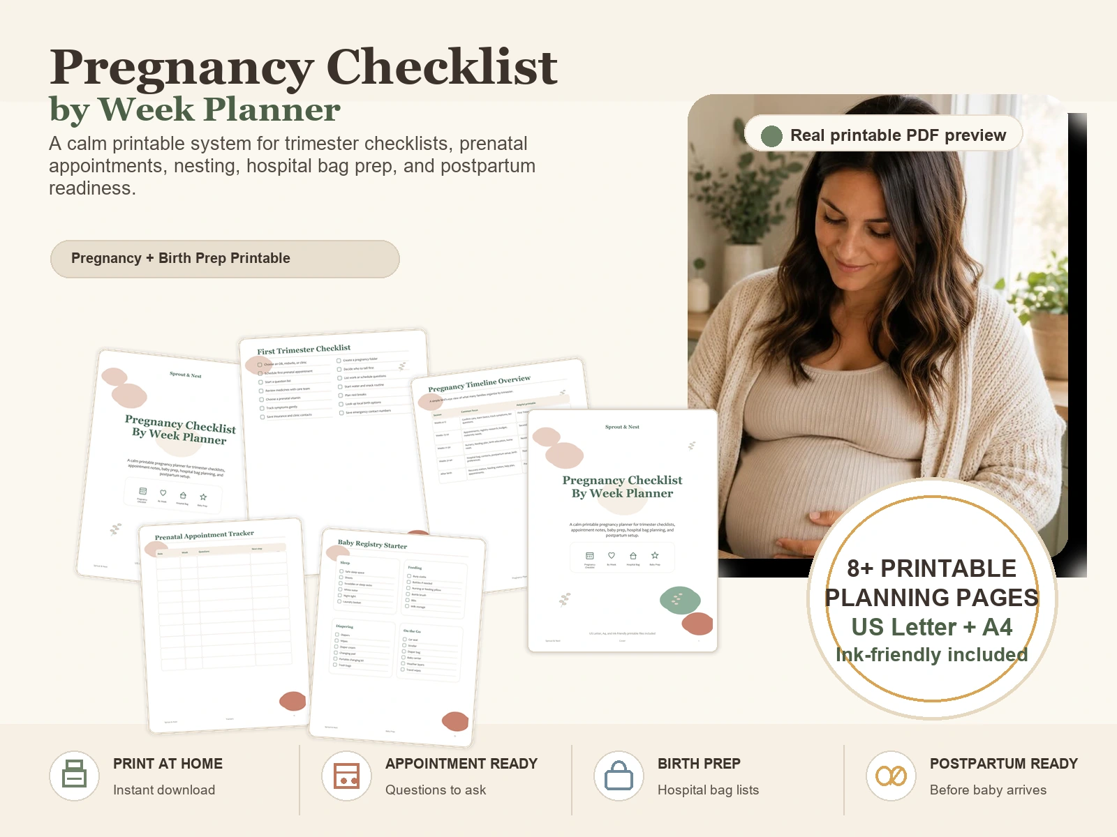 Pregnancy Checklist by Week Printable Planner product information image with real PDF page previews