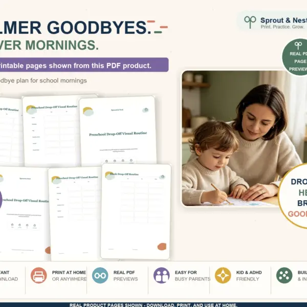 Preschool Drop-Off Visual Routine real PDF product overview showing actual printable pages and benefits
