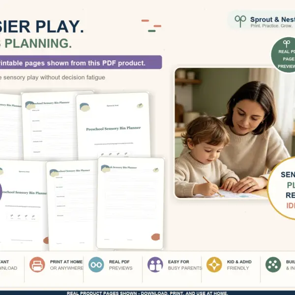 Preschool Sensory Bin Planner real PDF product overview showing actual printable pages and benefits
