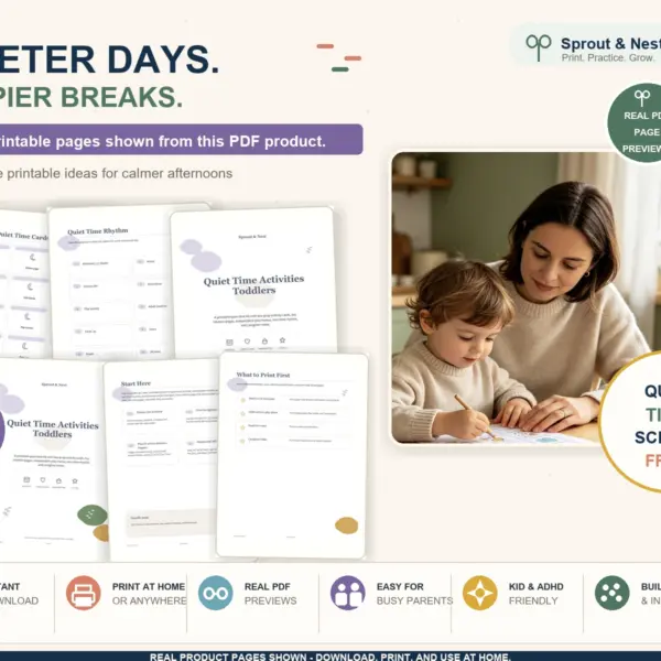 Quiet Time Activities for Toddlers real PDF product details image Quiet Time Activities for Toddlers real PDF product overview showing actual printable pages and benefits