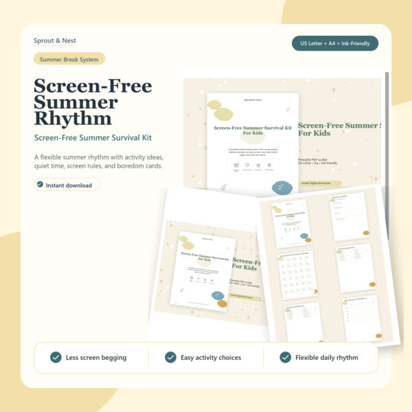 Screen-Free Summer Survival Kit printable PDF with summer rhythm pages and boredom jar cards