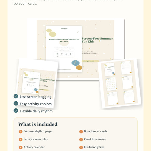 Screen-Free Summer Survival Kit for Kids product overview showing included printable PDF pages and benefits
