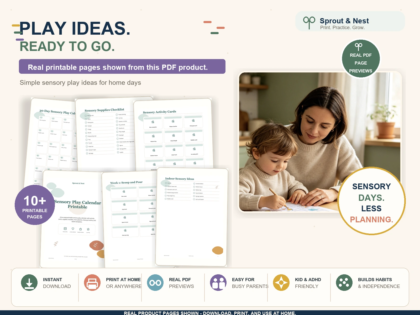 Sensory Play Calendar Printable real PDF product overview showing actual printable pages and benefits