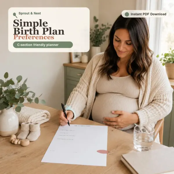 Simple Birth Plan & C-Section Preferences printable PDF shown on a real home planning scene