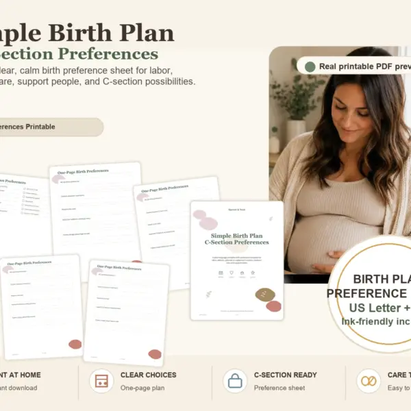 Simple Birth Plan & C-Section Preferences product information image with real PDF page previews