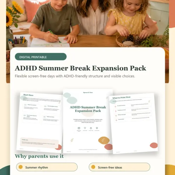 ADHD Summer Break Expansion Pack product details and printable page previews - Sprout & Nest