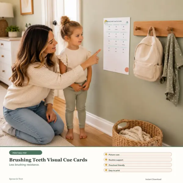 Brushing Teeth Visual Cue Cards printable PDF preview in a calm home scene - Sprout & Nest