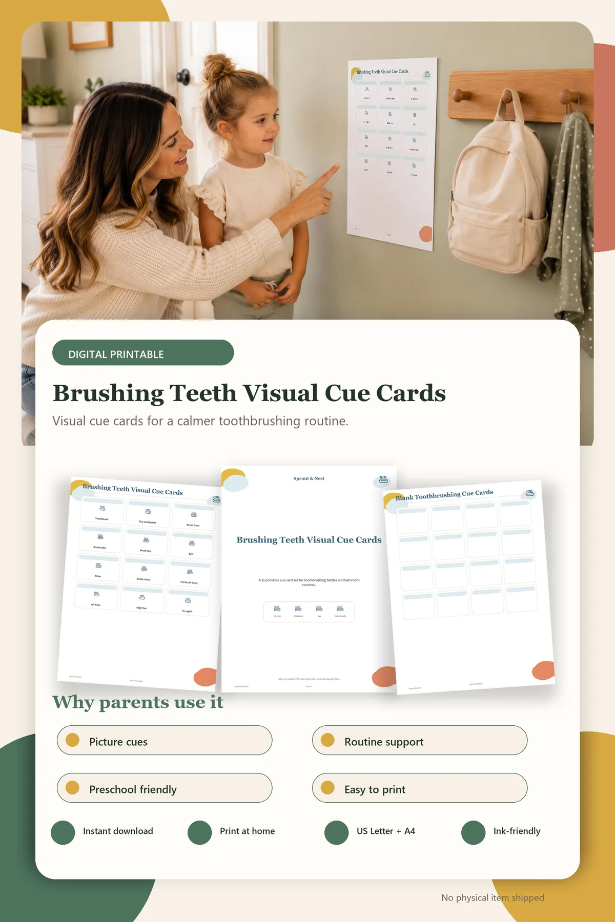 Brushing Teeth Visual Cue Cards product details and printable page previews - Sprout & Nest