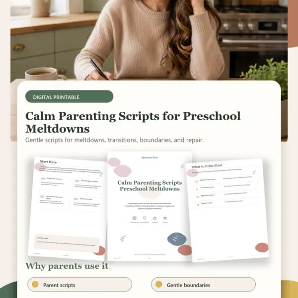 Calm Parenting Scripts for Preschool Meltdowns product details and printable page previews - Sprout & Nest