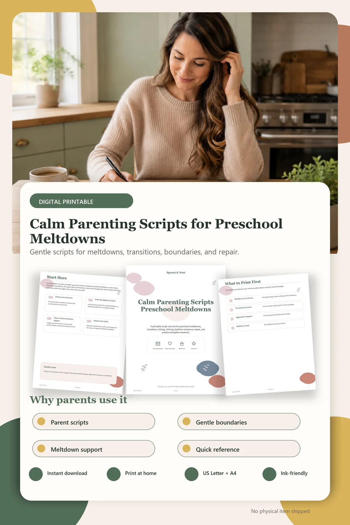 Calm Parenting Scripts for Preschool Meltdowns product details and printable page previews - Sprout & Nest