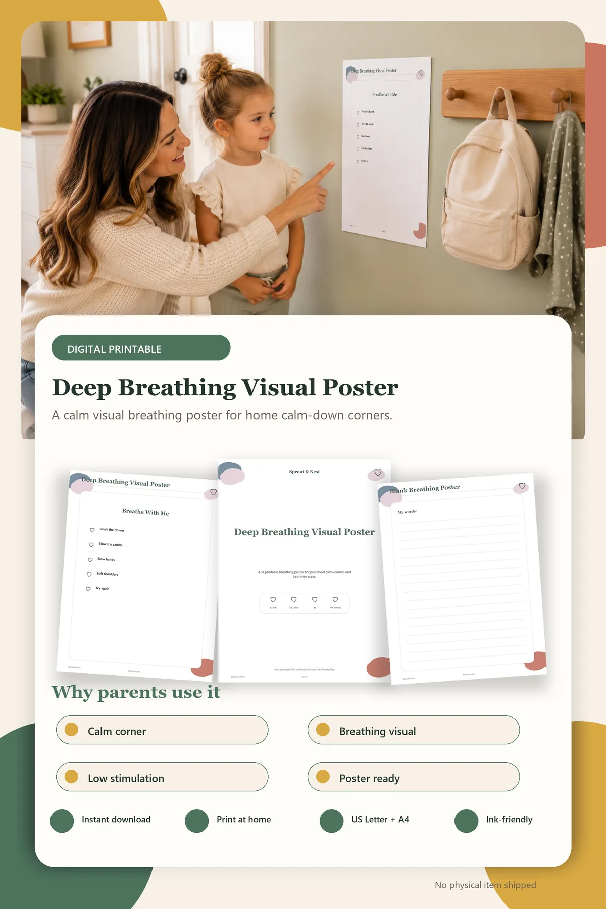 Deep Breathing Visual Poster product details and printable page previews - Sprout & Nest
