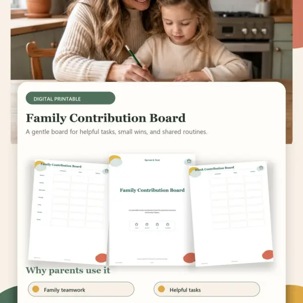 Family Contribution Board product details and printable page previews - Sprout & Nest