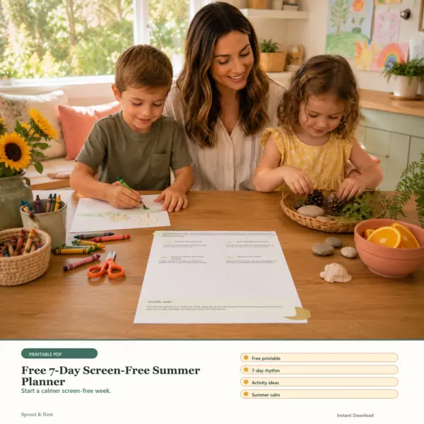 Free 7-Day Screen-Free Summer Planner printable PDF preview in a calm home scene - Sprout & Nest