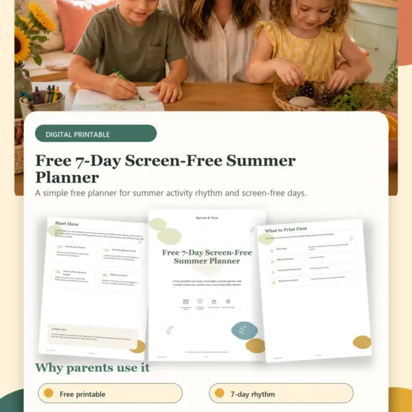 Free 7-Day Screen-Free Summer Planner product details and printable page previews - Sprout & Nest