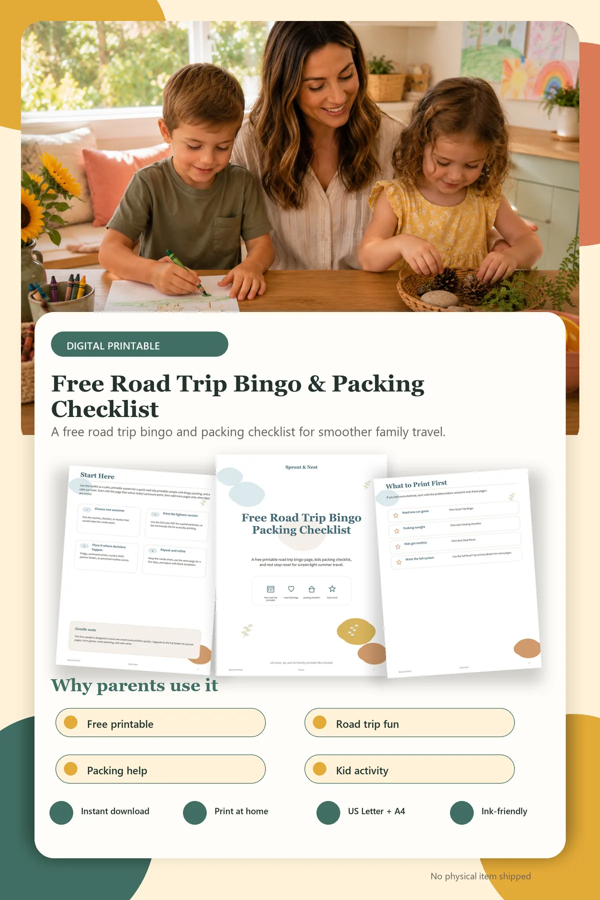 Free Road Trip Bingo & Packing Checklist product details and printable page previews - Sprout & Nest